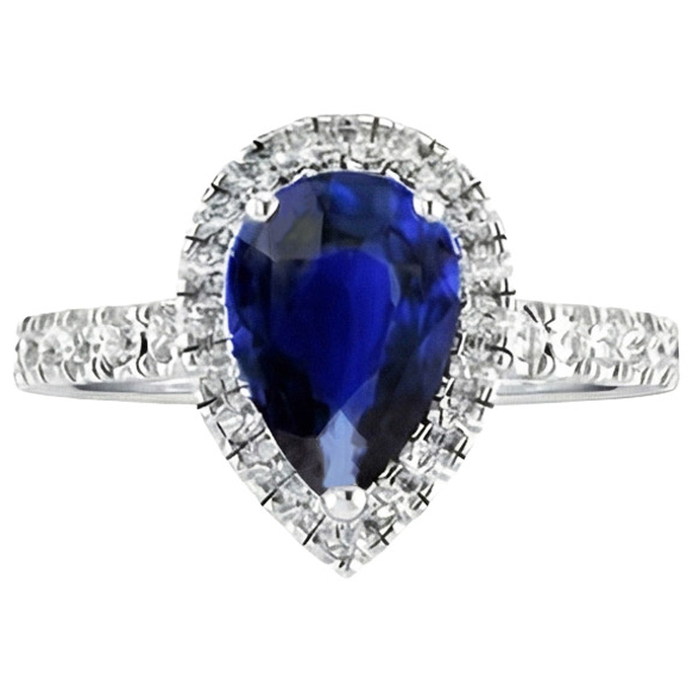 Ladies Halo Sri Lankan Sapphire & Natural Earth Mined Diamond ( Not Lab Grown ) Ring 4 Carats White Gold 14K
