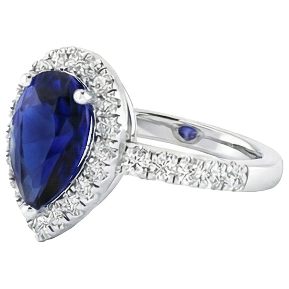 Ladies Halo Sri Lankan Sapphire & Natural Earth Mined Diamond ( Not Lab Grown ) Ring 4 Carats White Gold 14K