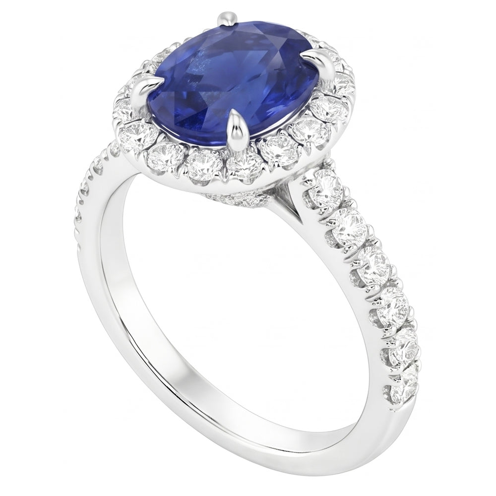 Ladies Halo Sri Lankan Sapphire & Pave Set Natural Earth Mined Diamond ( Not Lab Grown ) Ring 5.50 Carats