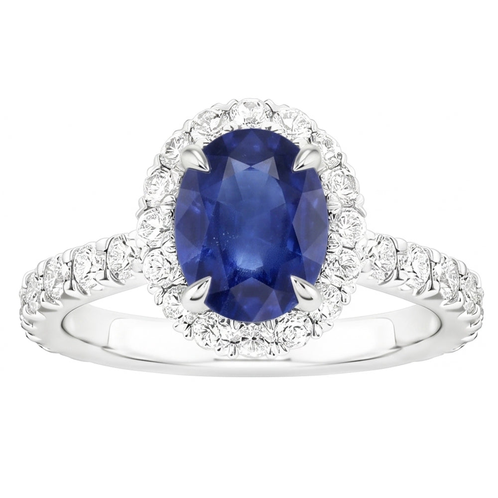 Ladies Halo Sri Lankan Sapphire & Pave Set Natural Earth Mined Diamond ( Not Lab Grown ) Ring 5.50 Carats