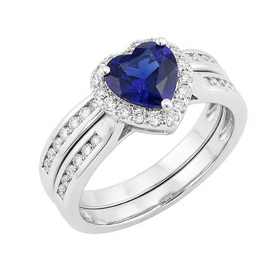 Ladies Halo Wedding Ring Set Heart Cut Sri Lankan Sapphire 3.50 Carats