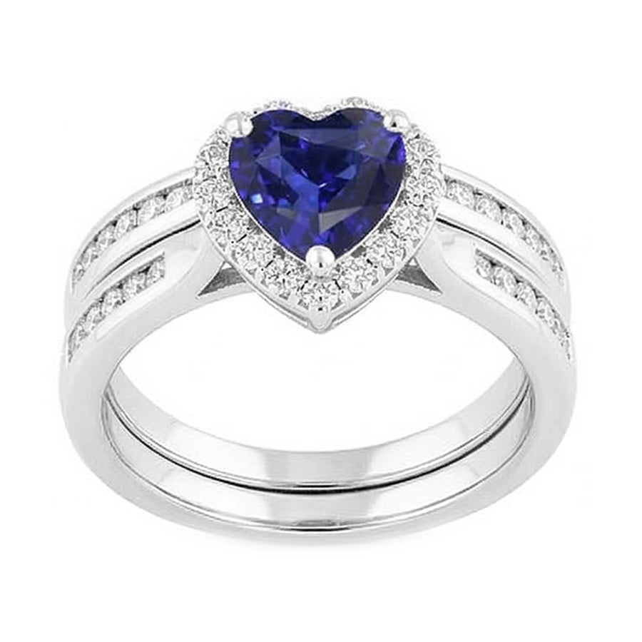Ladies Halo Wedding Ring Set Heart Cut Sri Lankan Sapphire 3.50 Carats