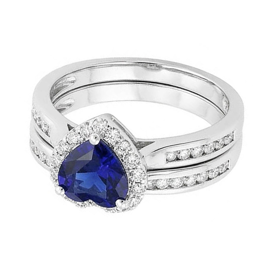 Ladies Halo Wedding Ring Set Heart Cut Sri Lankan Sapphire 3.50 Carats