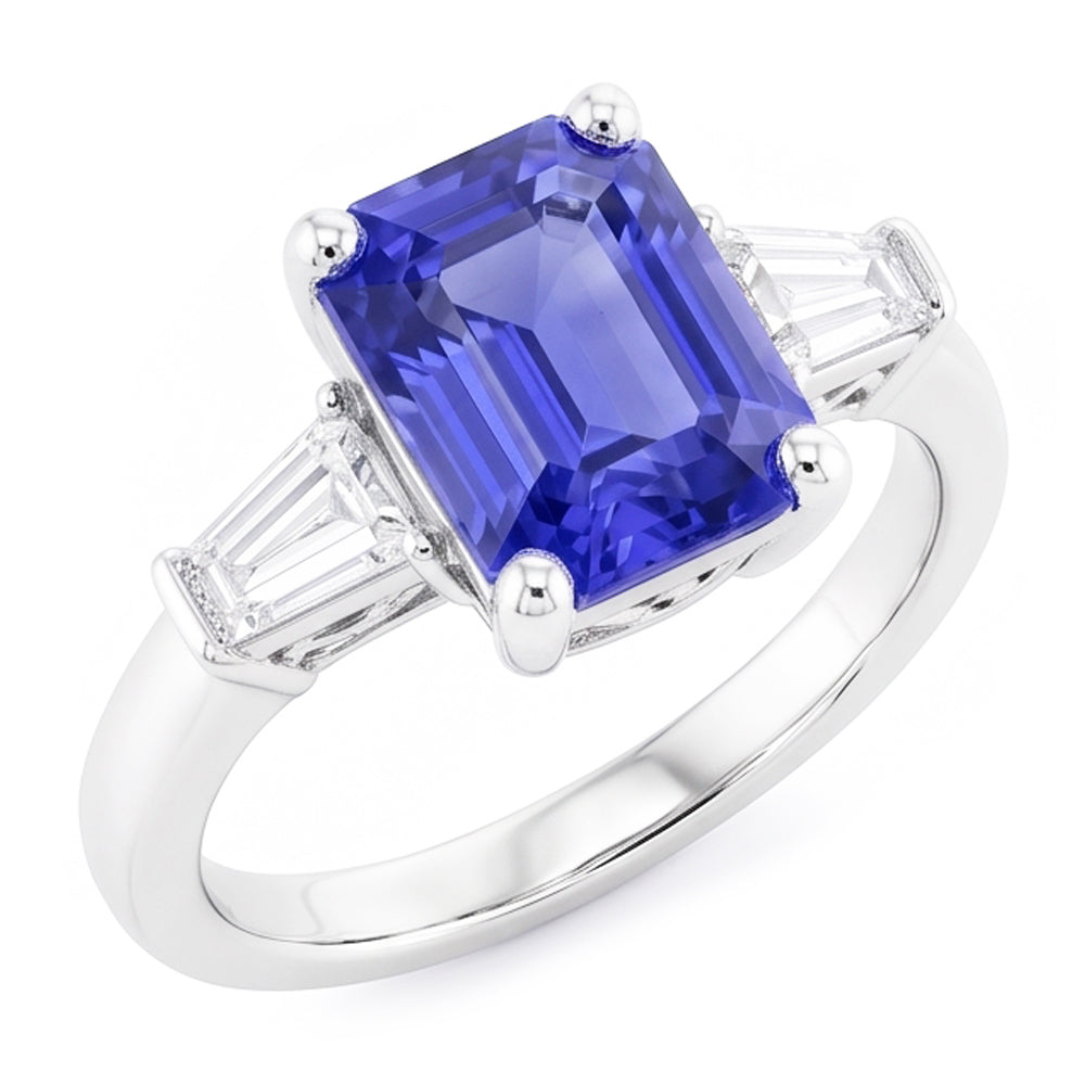 Ladies Jewelry Three Stone Emerald Blue Sapphire Ring 2.50 Carats