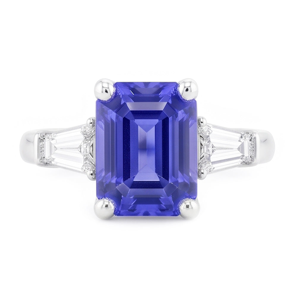 Ladies Jewelry Three Stone Emerald Blue Sapphire Ring 2.50 Carats
