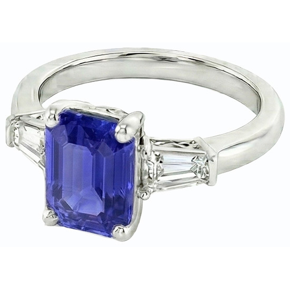 Ladies Jewelry Three Stone Emerald Blue Sapphire Ring 2.50 Carats