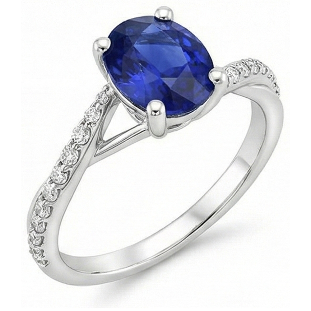 Ladies Natural Earth Mined Diamond ( Not Lab Grown ) Gemstone Ring Oval Ceylon Sapphire Gold 3 Carats