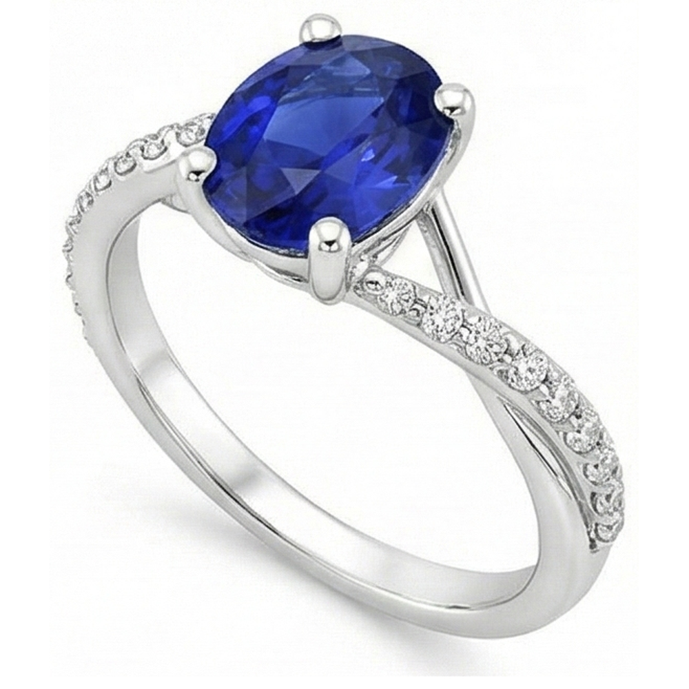 Ladies Natural Earth Mined Diamond ( Not Lab Grown ) Gemstone Ring Oval Ceylon Sapphire Gold 3 Carats