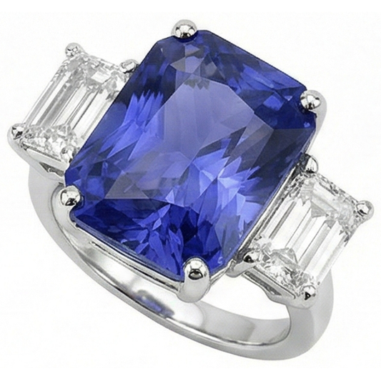 Ladies Radiant 3 Stone Blue Sapphire Ring 7 Carats Emerald IGI CERTIFIED Diamonds