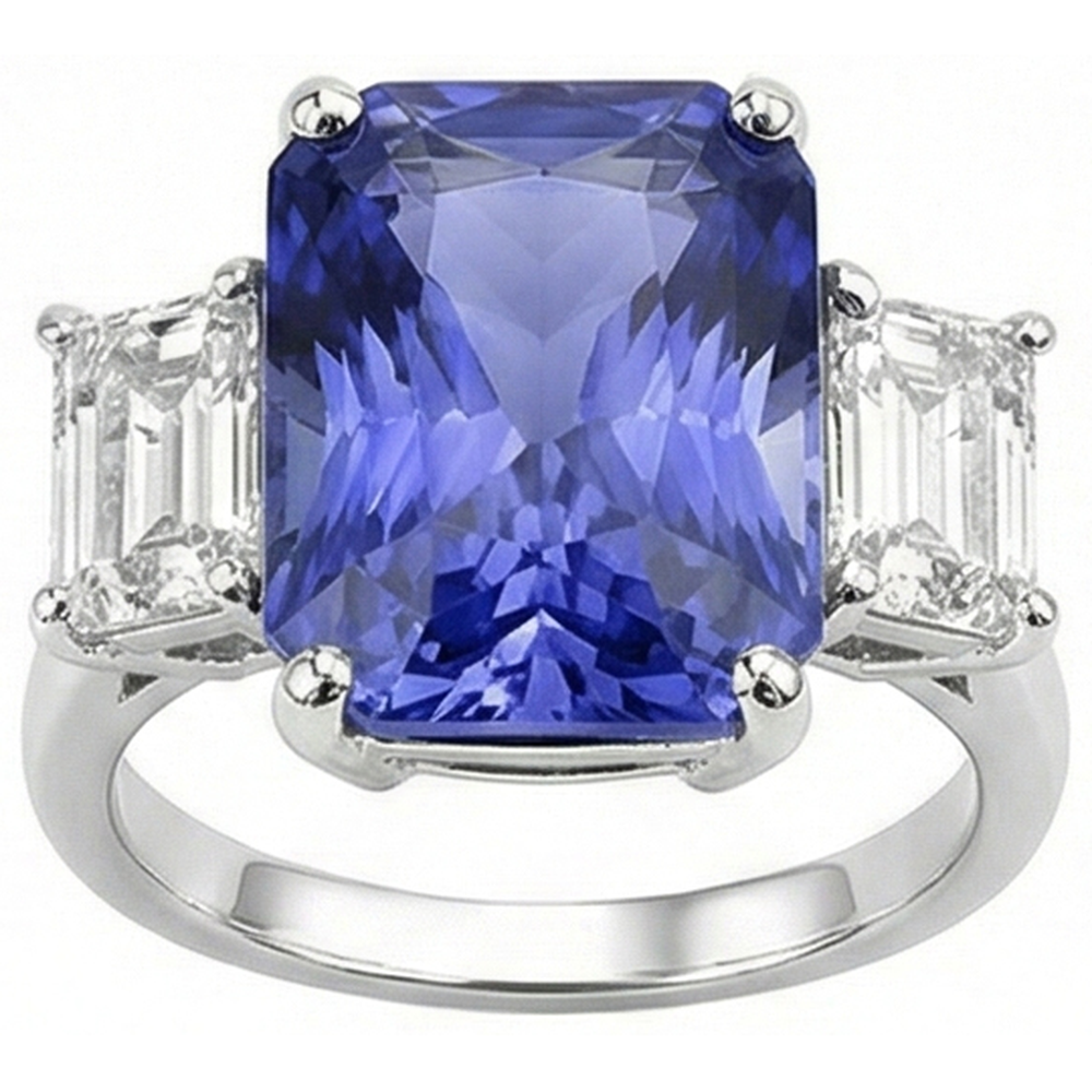 Ladies Radiant 3 Stone Blue Sapphire Ring 7 Carats Emerald Natural Earth Mined Diamond ( Not Lab Grown )s