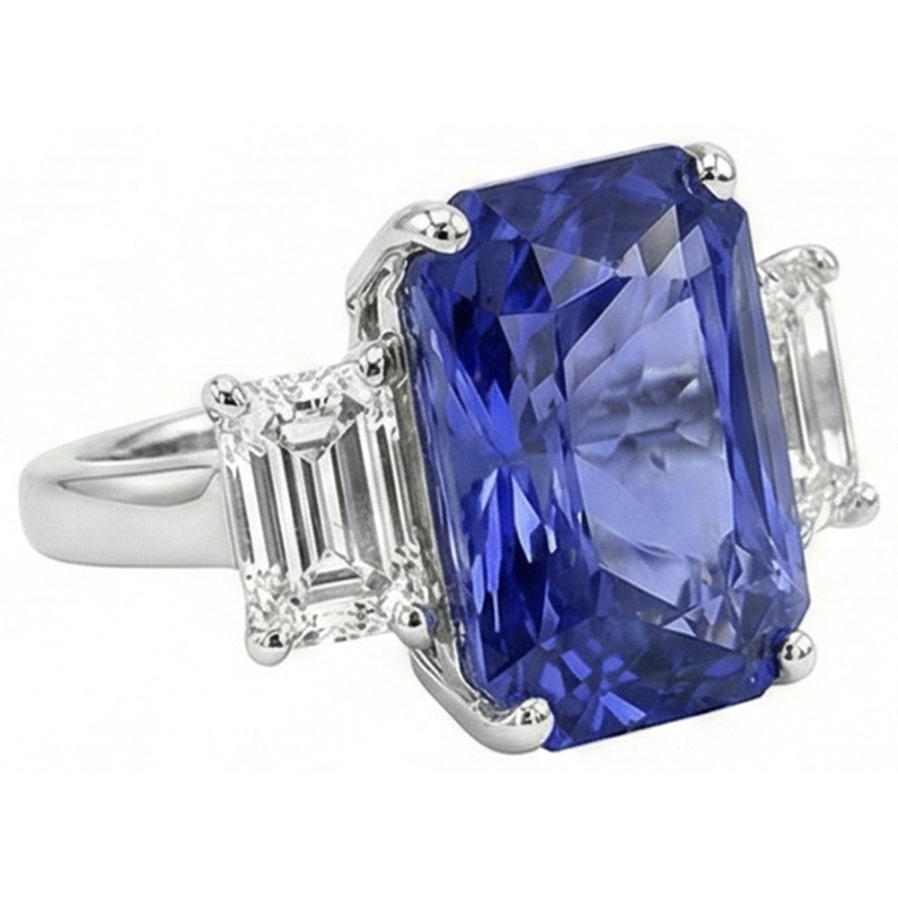 Ladies Radiant 3 Stone Blue Sapphire Ring 7 Carats Emerald Natural Earth Mined Diamond ( Not Lab Grown )s