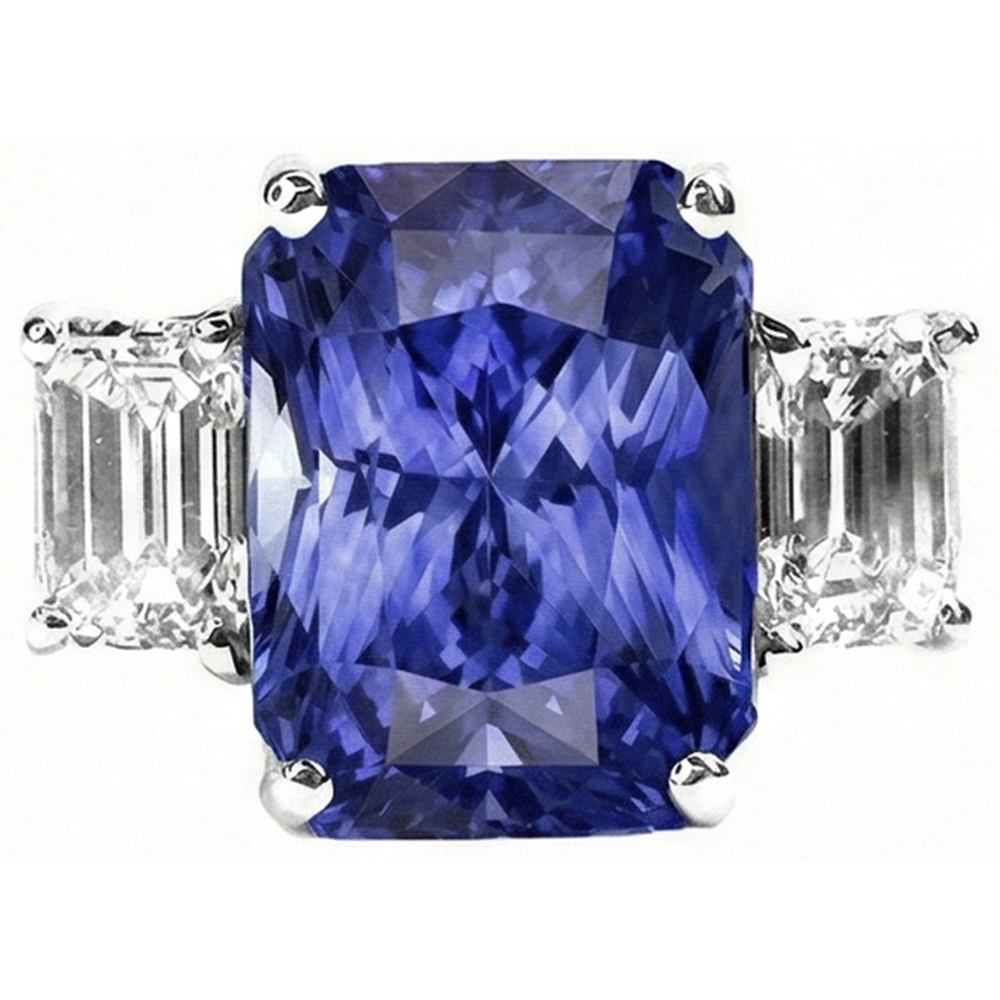 Ladies Radiant 3 Stone Blue Sapphire Ring 7 Carats Emerald Natural Earth Mined Diamond ( Not Lab Grown )s