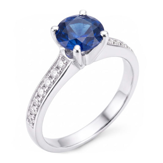 Ladies Sapphire Engagement Ring 2.50 Carats Round Natural Earth Mined Diamond ( Not Lab Grown ) Accented