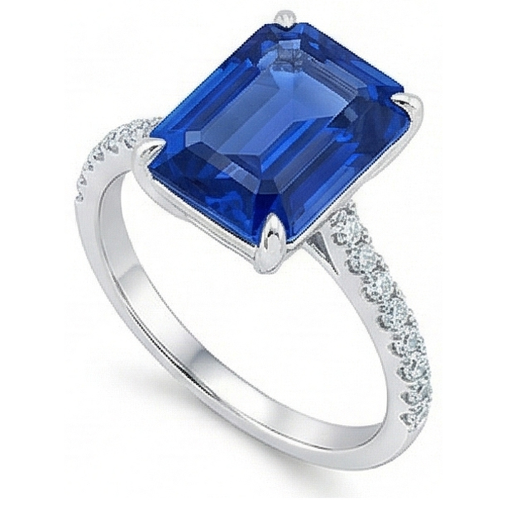 Ladies Solitaire Emerald Blue Sapphire Ring Accented Natural Earth Mined Diamond ( Not Lab Grown )s 5 Carats