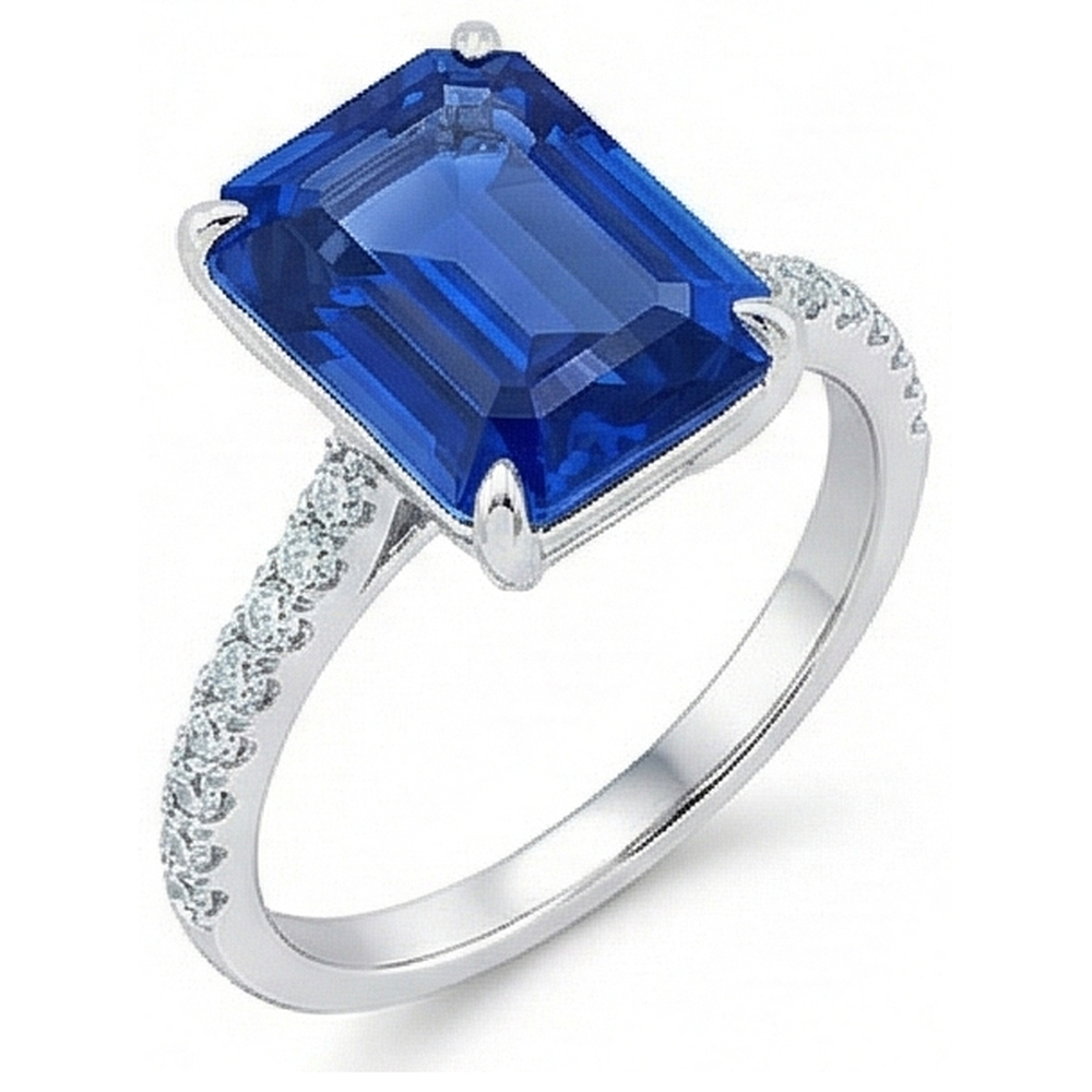 Ladies Solitaire Emerald Blue Sapphire Ring Accented Natural Earth Mined Diamond ( Not Lab Grown )s 5 Carats