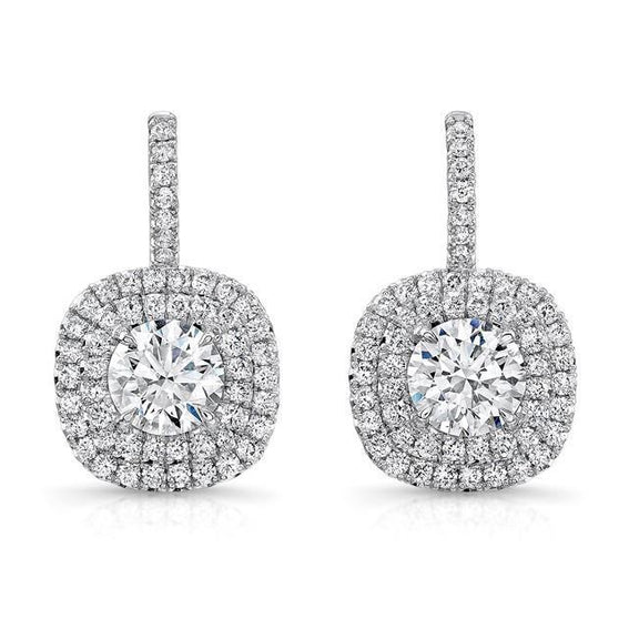 Ladies Dangle Earrings 3.70 Carats Round Cut Genuine Diamonds White Gold