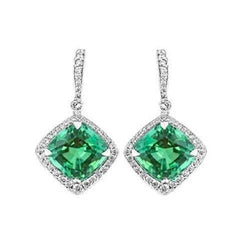 Ladies Dangle Earrings 6 Ct Green Emerald With Natural Earth Mined Diamonds White Gold 14K