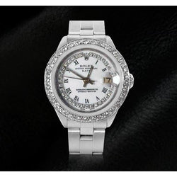 Ladies Date Watch With White String Diamond Dial Bezel Ss Oyster