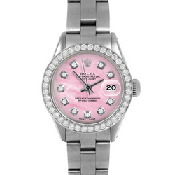 Ladies Datejust Rolex 26 mm Pink Mother Of Pearl Diamond Dial Stainless Steel Oyster Bracelet Watch