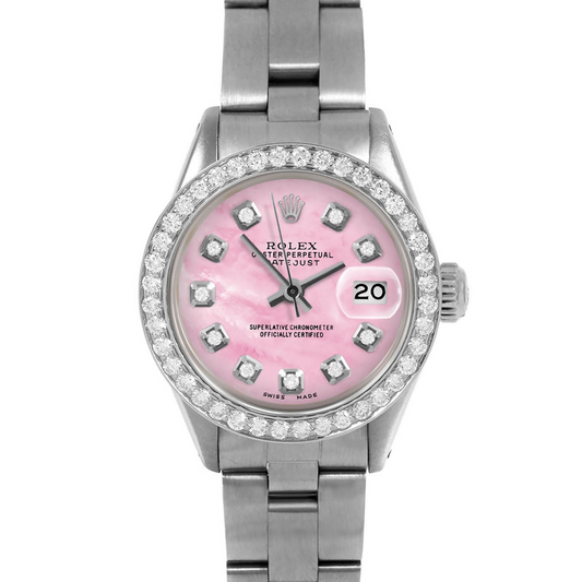 Ladies Datejust Rolex 26 mm Pink Mother Of Pearl Diamond Dial Stainless Steel Oyster Bracelet Watch