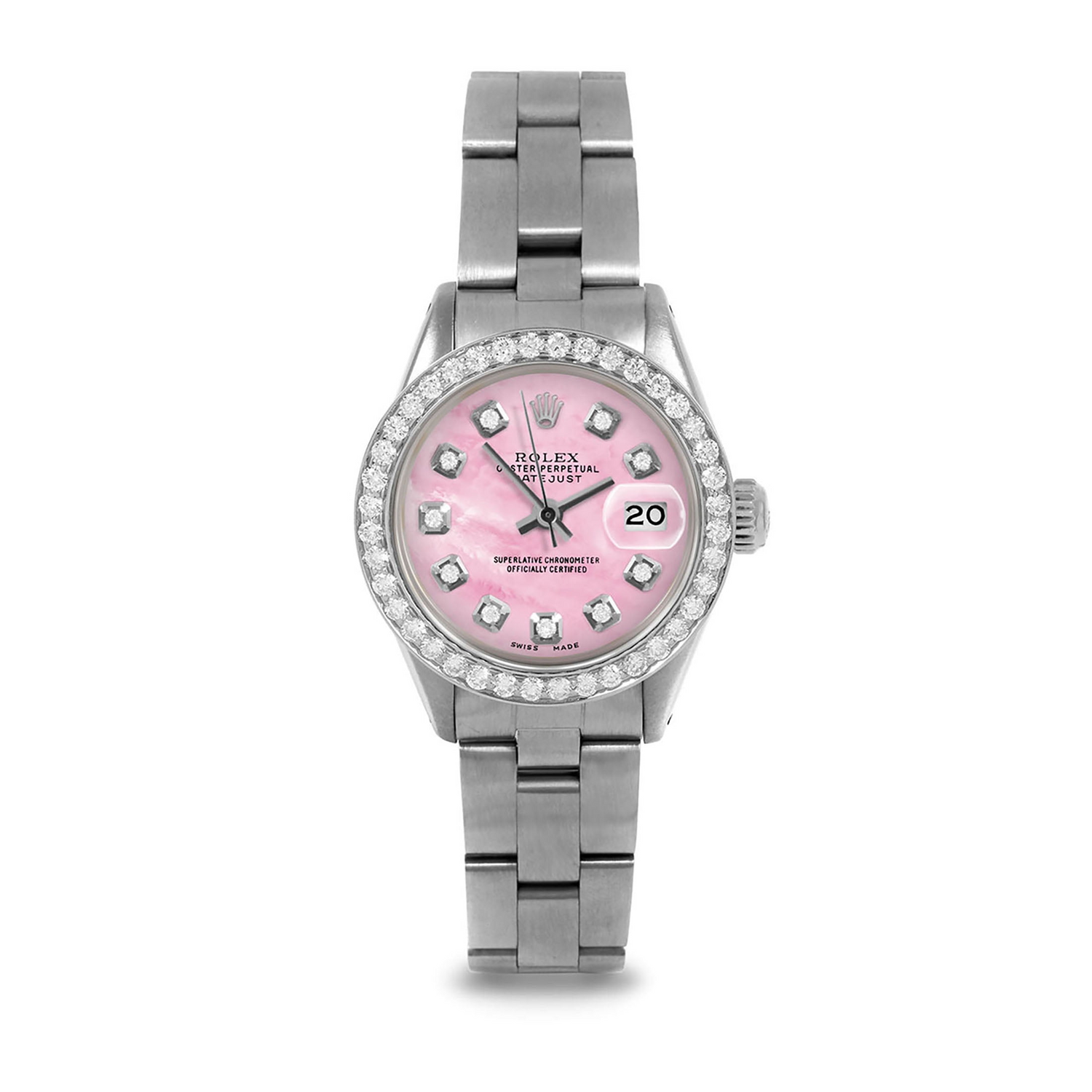 Ladies Datejust Rolex 26 mm Pink Mother Of Pearl Diamond Dial Stainless Steel Oyster Bracelet Watch