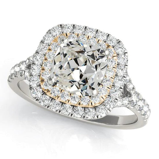 Ladies Double Halo Ring Cushion Old Cut Natural Diamond 8 Carats Two Tone