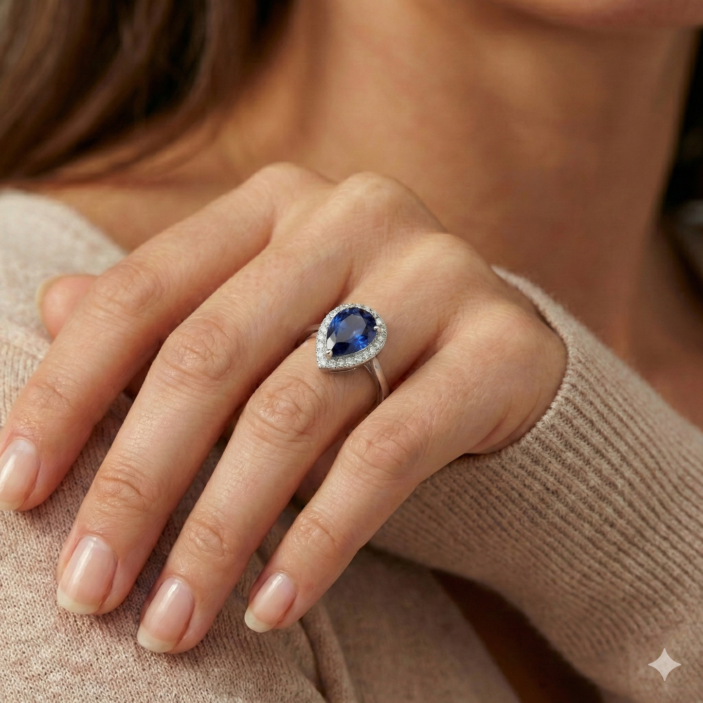 Ladies Halo Ring Pear Cut Ceylon Sapphire 2.50 Carats White Gold 14K