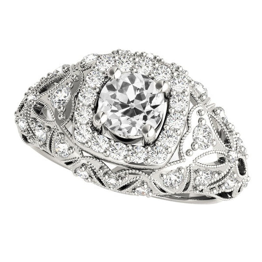 Ladies Halo Round Real Old Mine Cut Diamond Ring Antique Style 3.75 Carats