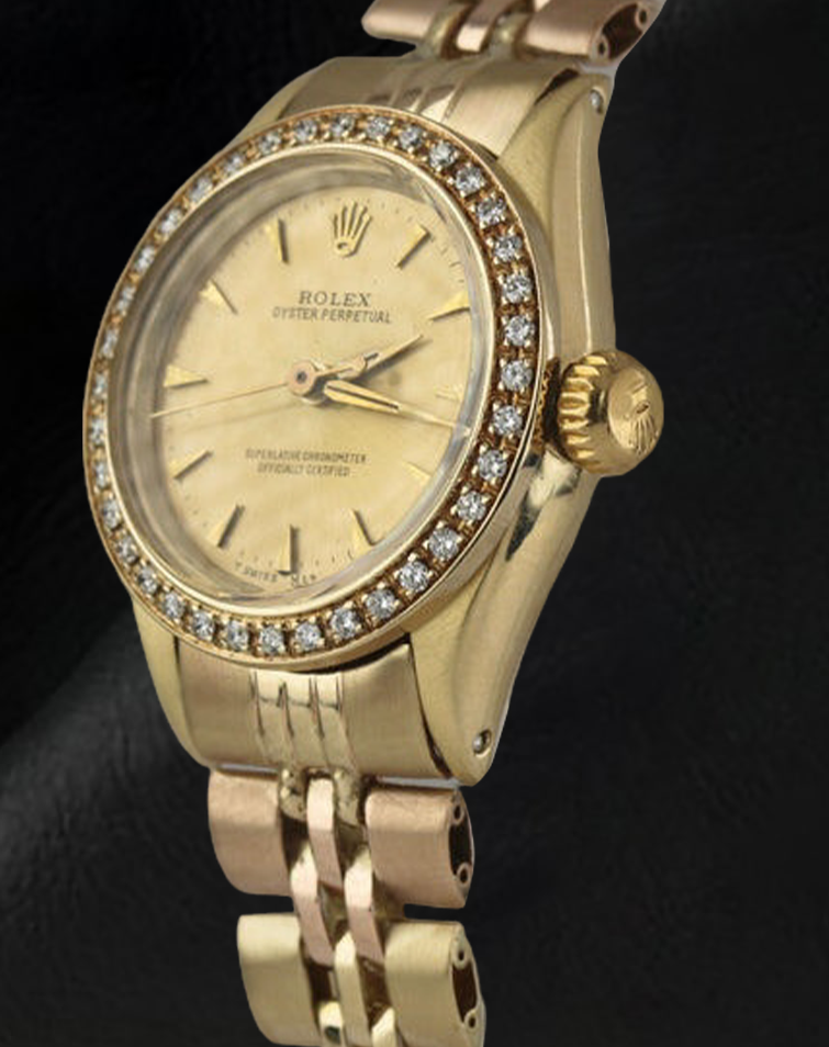 Ladies Rolex Oyster Perpetual Diamond Bezel Yellow Gold Watch