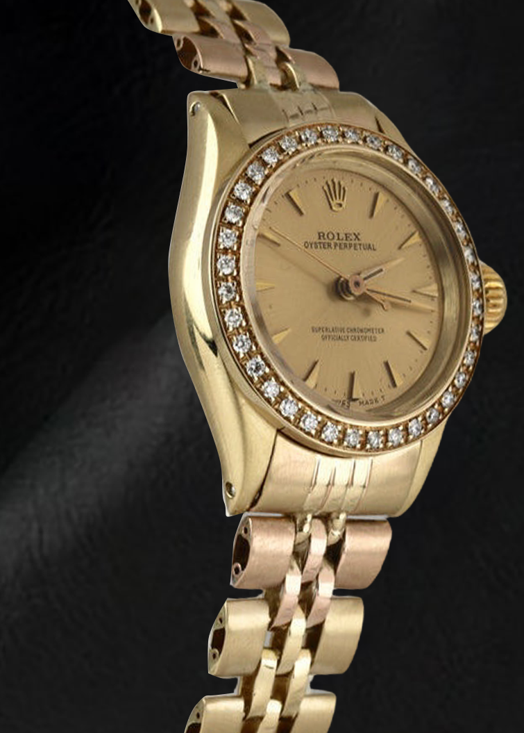 Women's gold rolex with diamond bezel sale