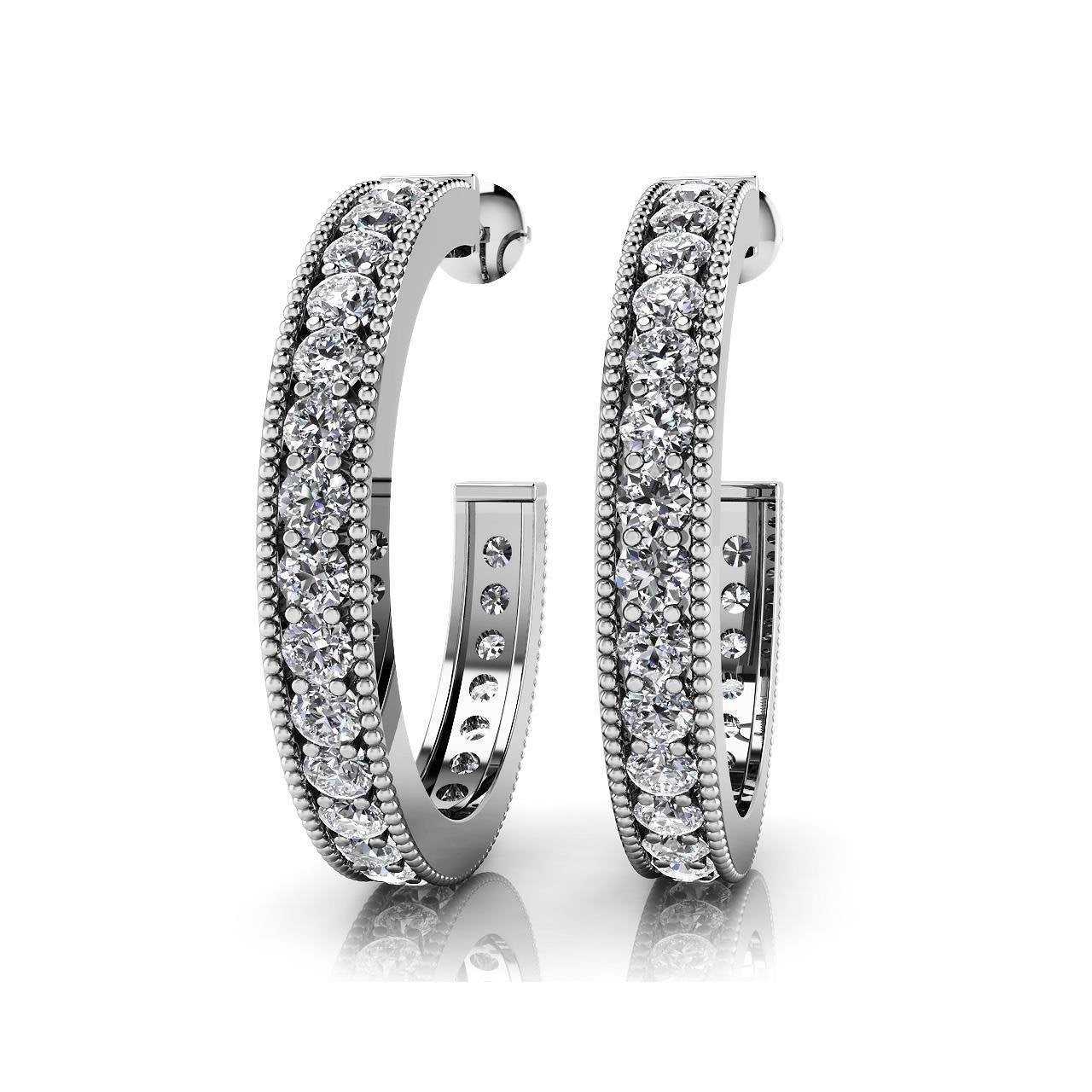 Lined Round Shaped Hoop Earrings 5 Ct Sparkling Real Diamonds White Gold