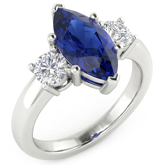 Marquise And Round Cut 2.50 Ct Sapphire And Natural Earth Mined Diamond ( Not Lab Grown )s Ring White Gold