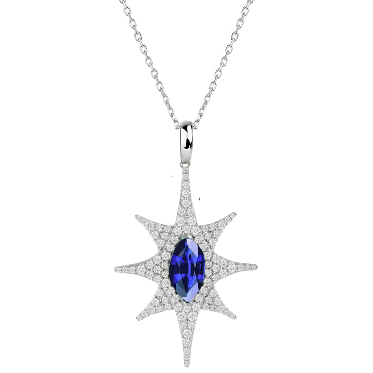 Marquise Blue Sapphire & Diamond Halo Pendant Star Style