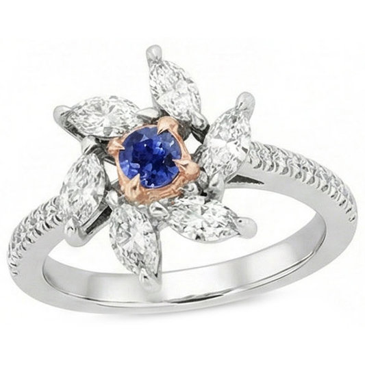 Marquise Natural Earth Mined Diamond ( Not Lab Grown ) Round Sapphire Ring Flower Style 2.50 Carats Two Tone