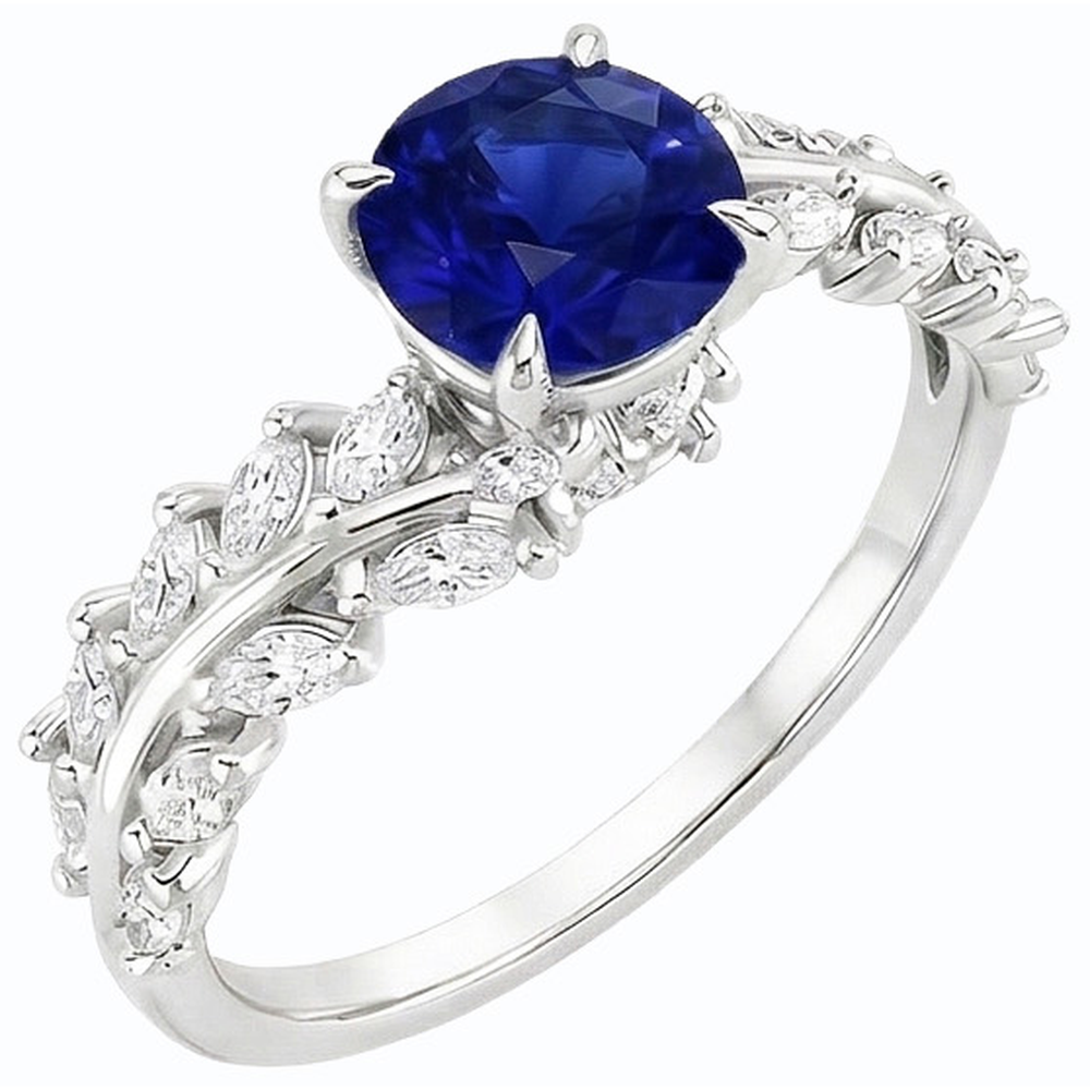 Marquise Natural Earth Mined Diamond ( Not Lab Grown ) & Round Ceylon Sapphire Ring Leaf Style 4.50 Carats