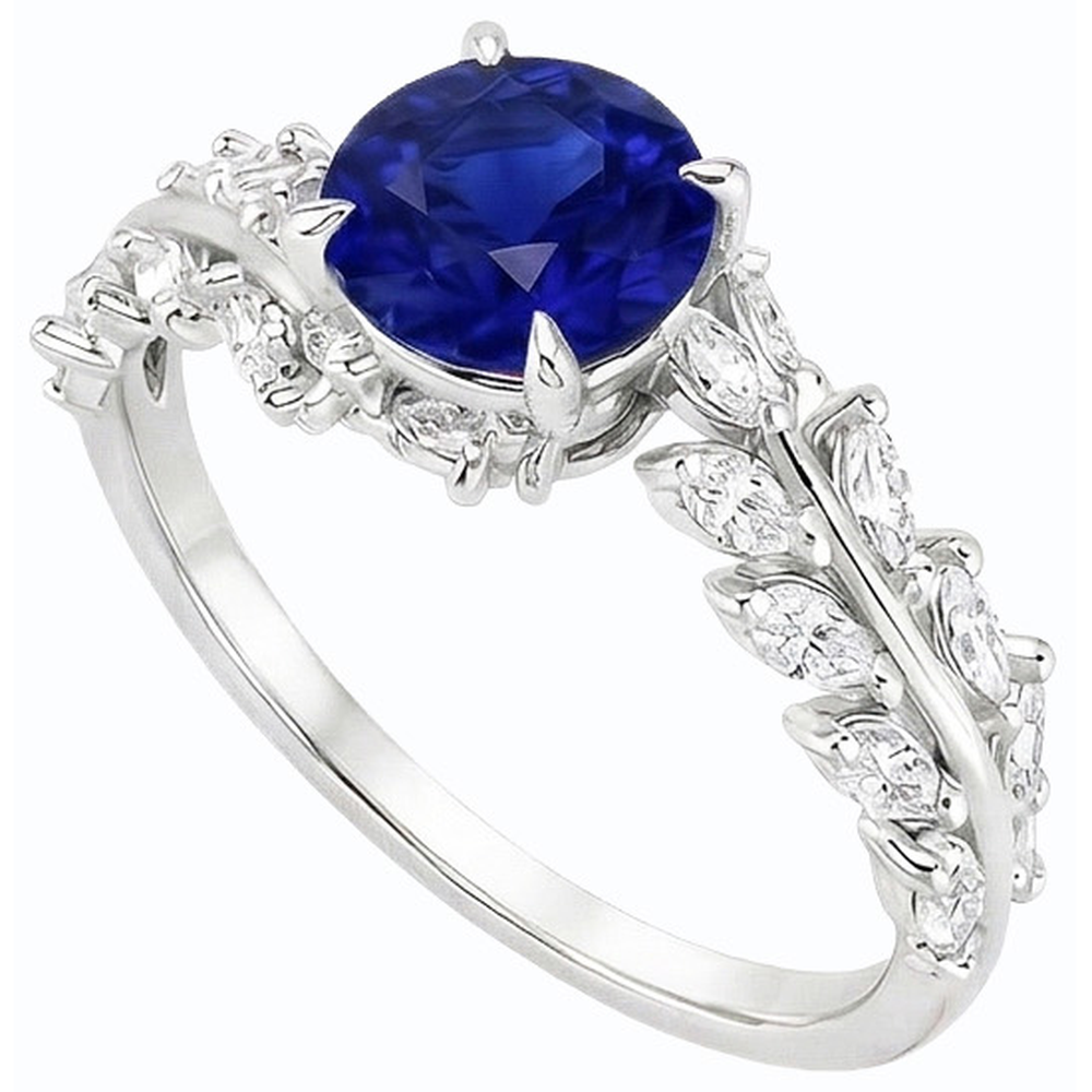 Marquise Natural Earth Mined Diamond ( Not Lab Grown ) & Round Ceylon Sapphire Ring Leaf Style 4.50 Carats