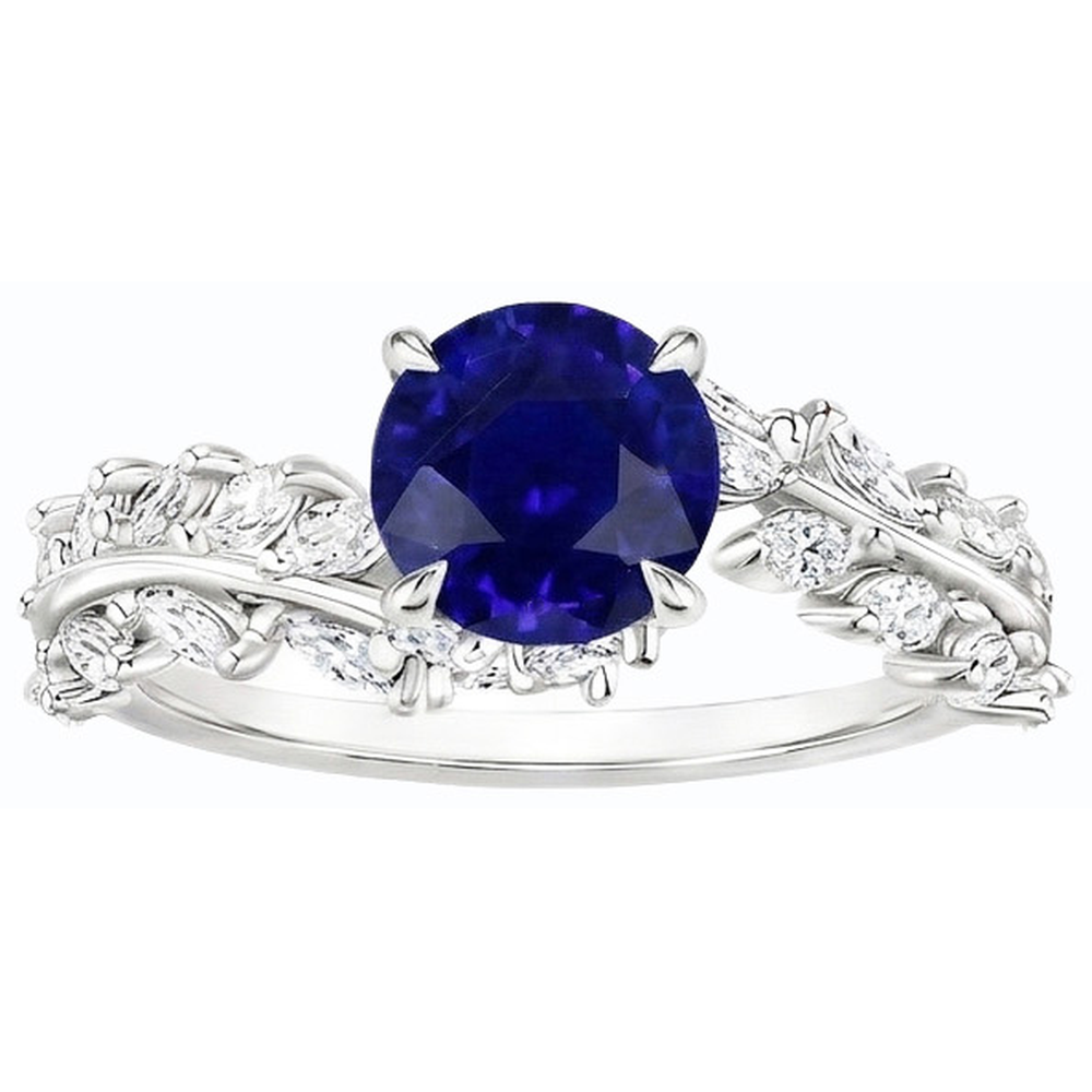 Marquise Natural Earth Mined Diamond ( Not Lab Grown ) & Round Ceylon Sapphire Ring Leaf Style 4.50 Carats