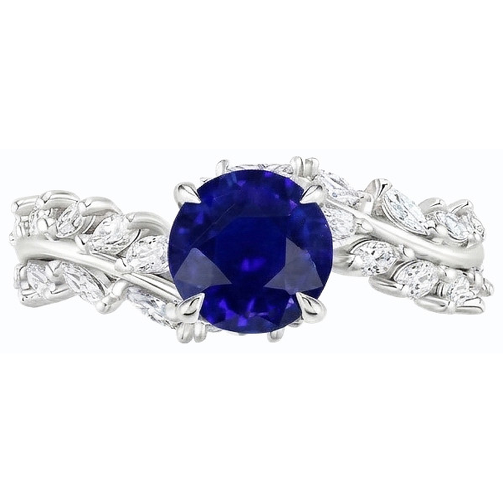 Marquise Natural Earth Mined Diamond ( Not Lab Grown ) & Round Ceylon Sapphire Ring Leaf Style 4.50 Carats