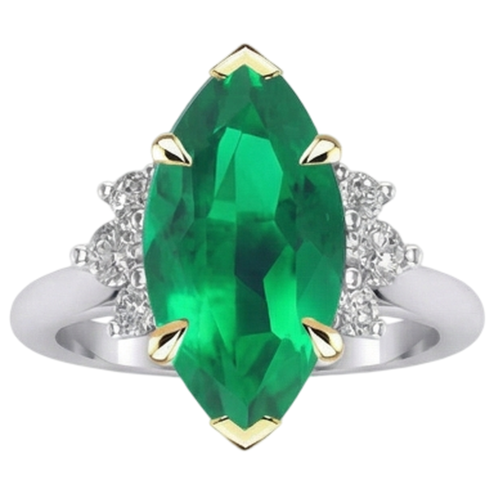 Colombian Emerald Marquise Precious Stone Ring in 14 Karat Two Tone Gold – angle view