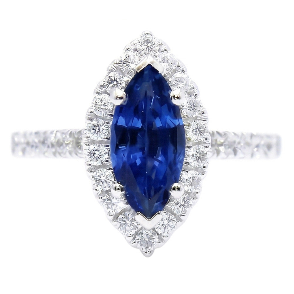 Marquise Shape Sri Lanka Blue Sapphire Round Natural Earth Mined Diamond ( Not Lab Grown ) Ring 2.60 Ct