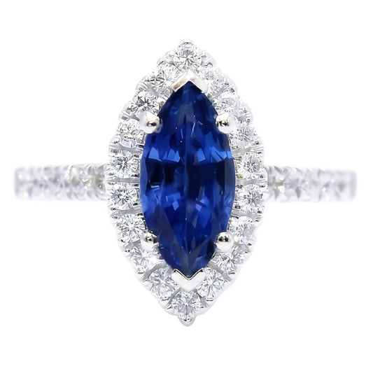 Marquise Shape Sri Lanka Blue Sapphire Round Natural Earth Mined Diamond ( Not Lab Grown ) Ring 2.60 Ct