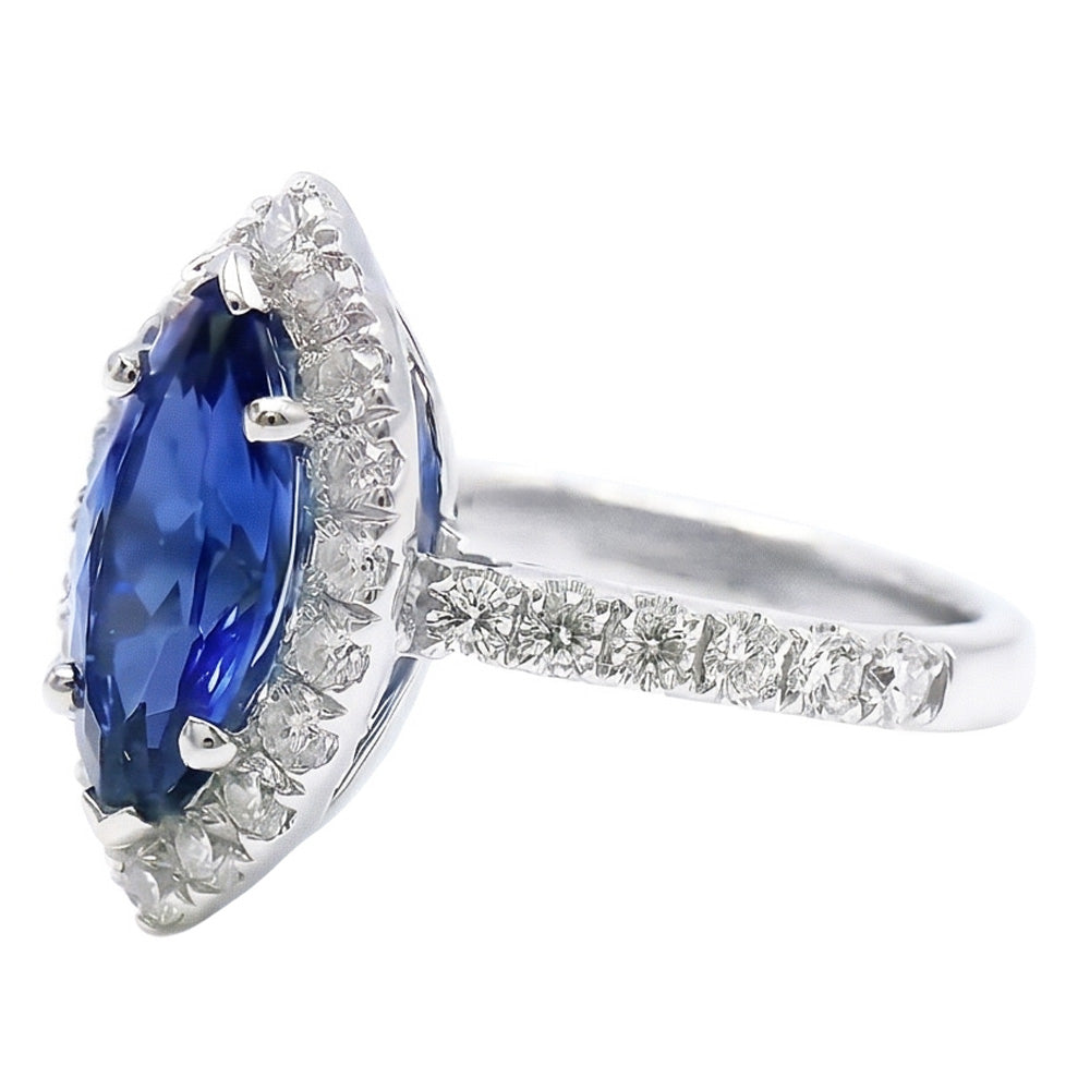 Marquise Shape Sri Lanka Blue Sapphire Round Natural Earth Mined Diamond ( Not Lab Grown ) Ring 2.60 Ct