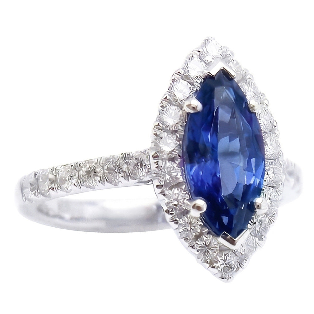 Marquise Shape Sri Lanka Blue Sapphire Round Natural Earth Mined Diamond ( Not Lab Grown ) Ring 2.60 Ct