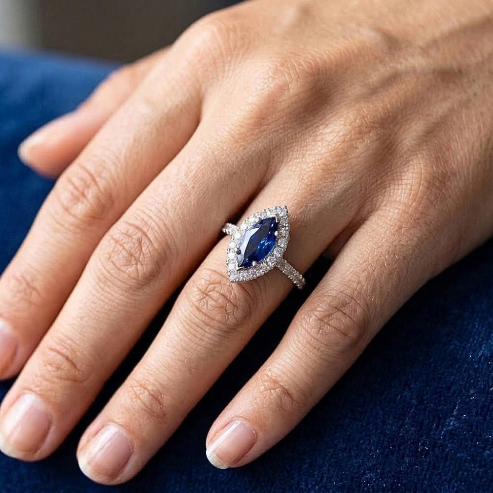 Marquise Shape Sri Lanka Blue Sapphire Round Natural Earth Mined Diamond ( Not Lab Grown ) Ring 2.60 Ct