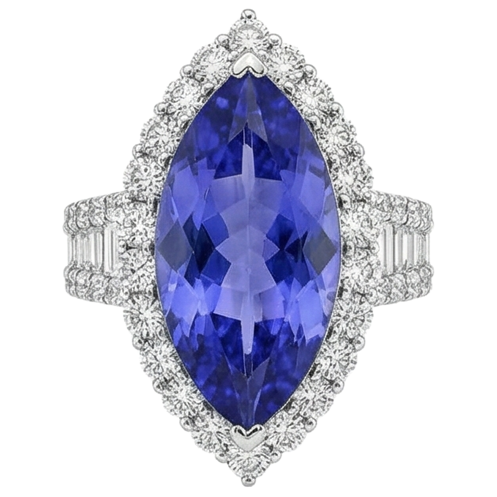Marquise Tanzanite And Natural Earth Mined Diamond ( Not Lab Grown ) 17.25 Ct Ring White Gold 14K
