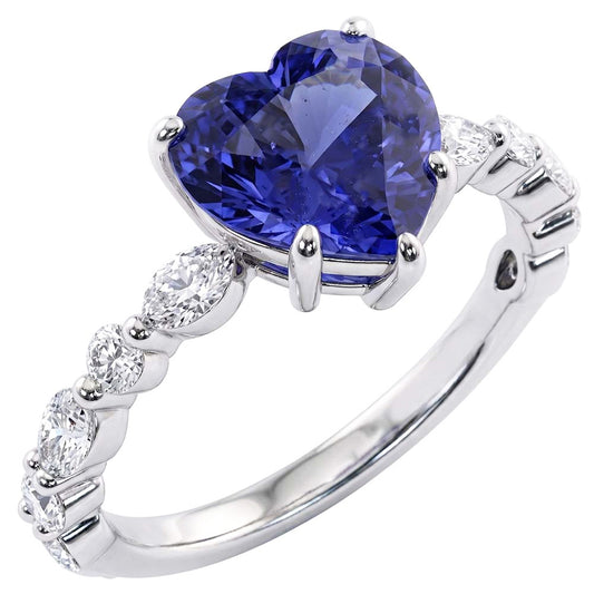 Marquise & Round Natural Earth Mined Diamond ( Not Lab Grown ) Ring Heart Light Blue Sapphire 3 Carats