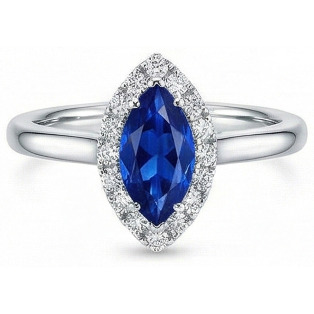 Marquise Ceylon Blue Sapphire Round Natural Earth Mined Diamond ( Not Lab Grown )s 2 Ct Wedding Ring Gold
