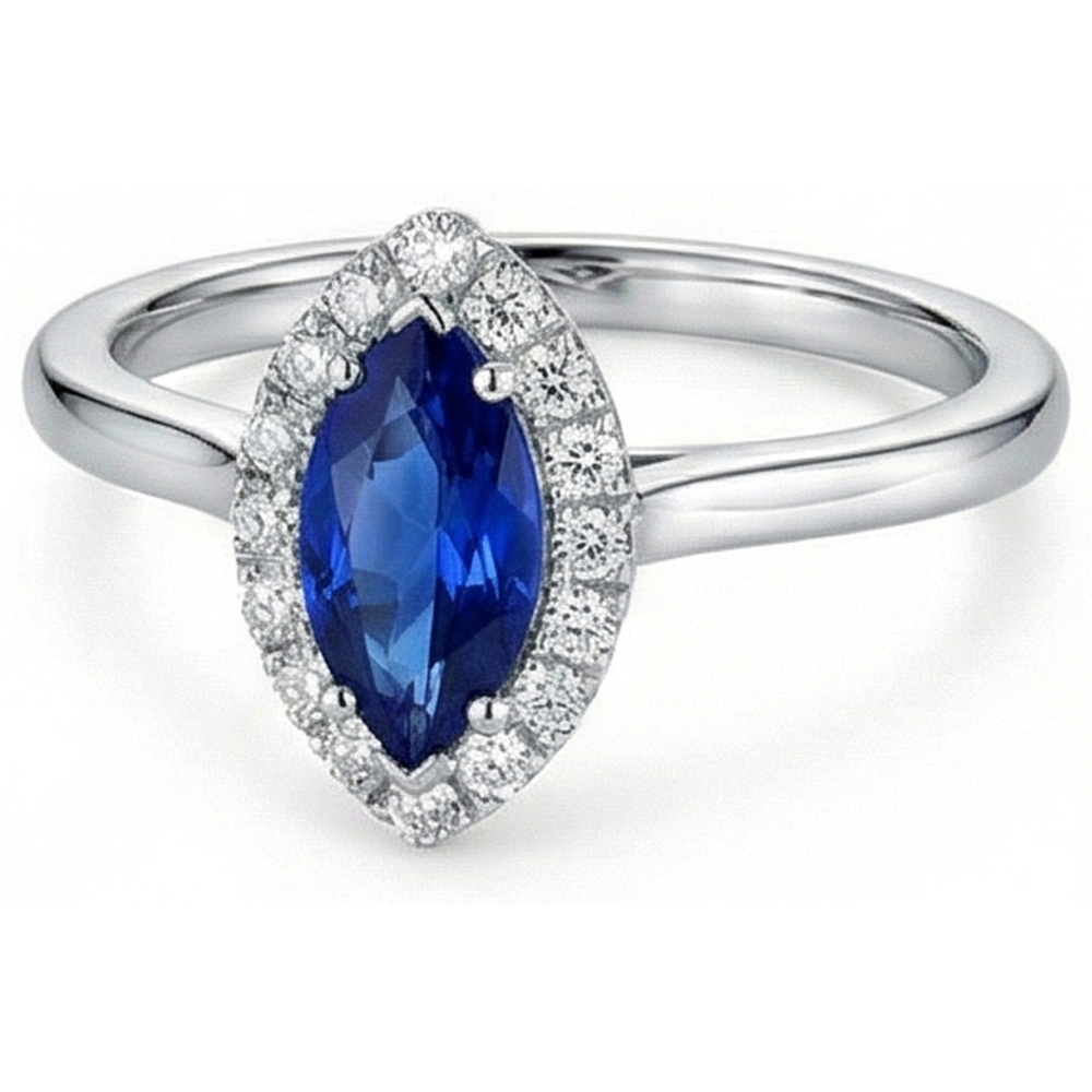 Marquise Ceylon Blue Sapphire Round Natural Earth Mined Diamond ( Not Lab Grown )s 2 Ct Wedding Ring Gold