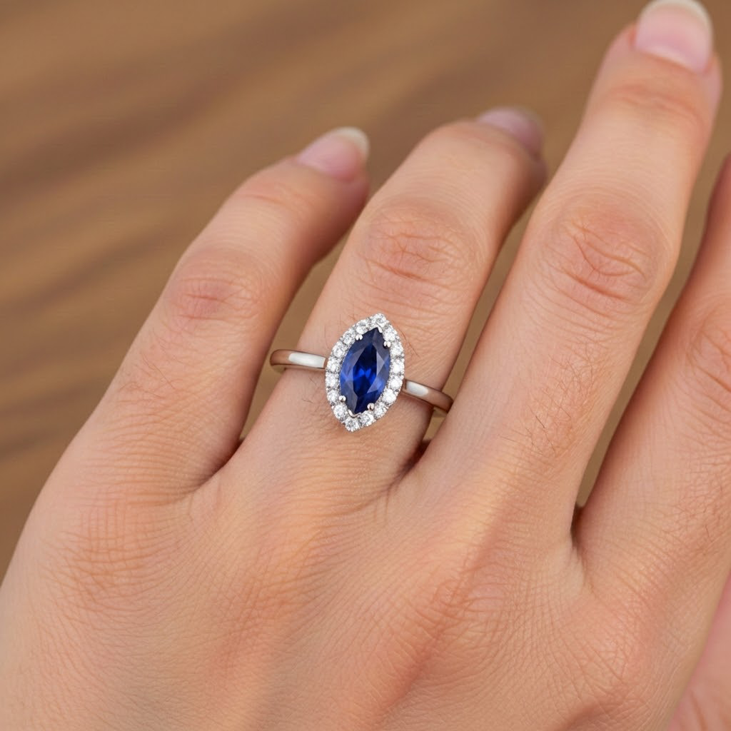 Marquise Ceylon Blue Sapphire Round Natural Earth Mined Diamond ( Not Lab Grown )s 2 Ct Wedding Ring Gold