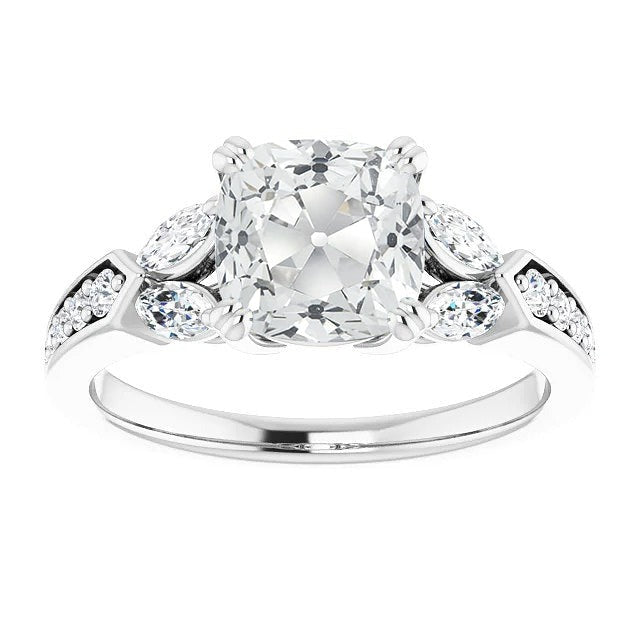 Marquise & Cushion Real Old Mine Cut Diamond Ring With Accents 9 Carats